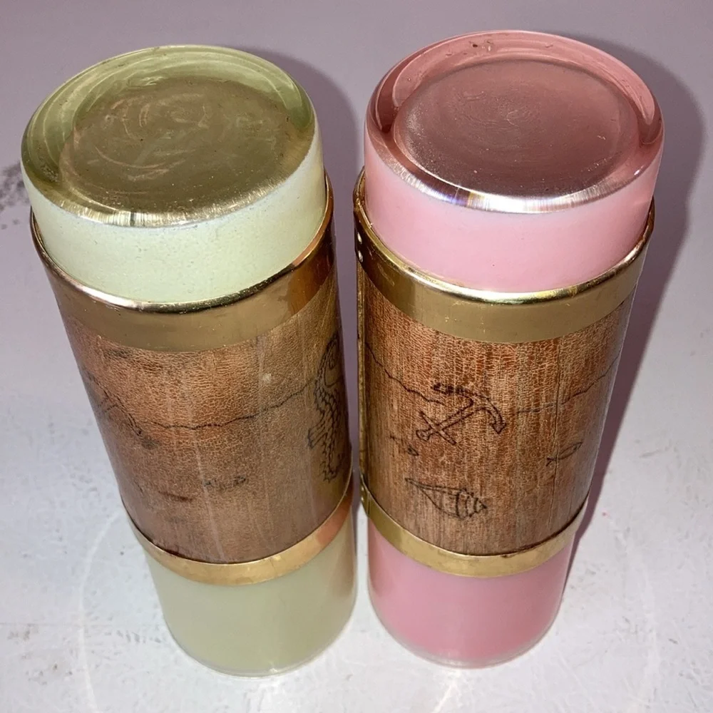 Libbey Palm Royale Tall MCM Frosted Glasses W/ Wood Tiki Bands Gold Pink Green